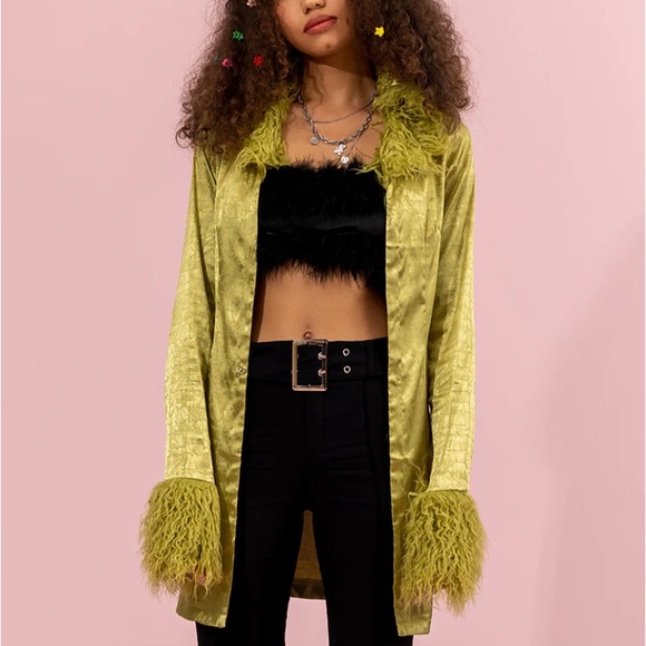 Green Fur Collar Long Coat - Picture 1 of 1